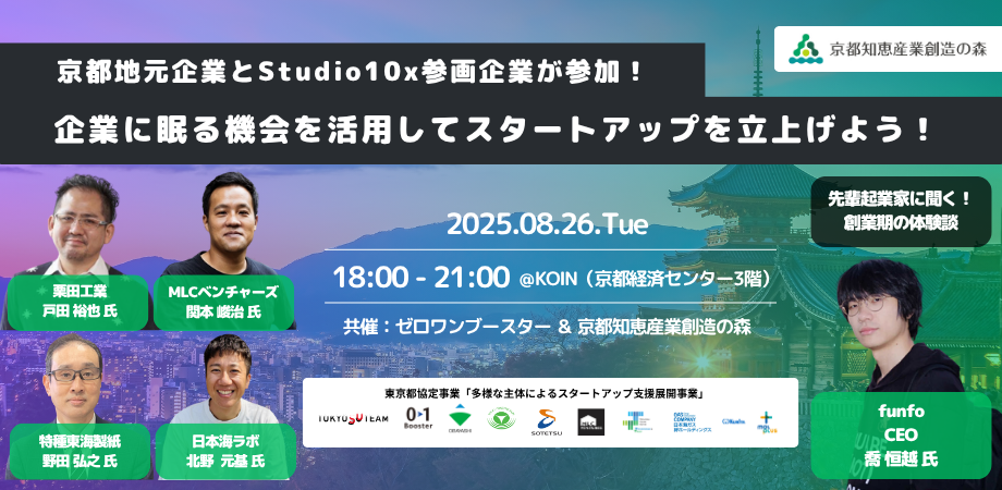 企業に眠る機会を活用してスタートアップを立上げよう！ 〜 東京都協定事業 スタートアップ創出支援プログラム「STUDIO10X」in 京都 〜