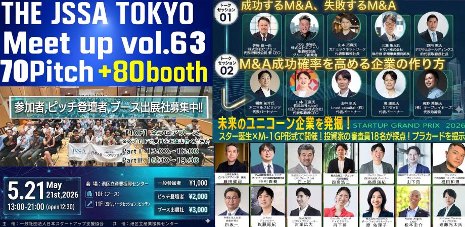 THE JSSA TOKYO Meetup Vol.63 〜スタートアップと投資家・大企業・行政など多様なプレイヤーを結びつける、63回目のスタートアップ・ネットワーキング&ピッチイベント 。今回はM&Aにフォーカスした2組の豪華トークセッションが見所です。目玉企画は「スター誕…