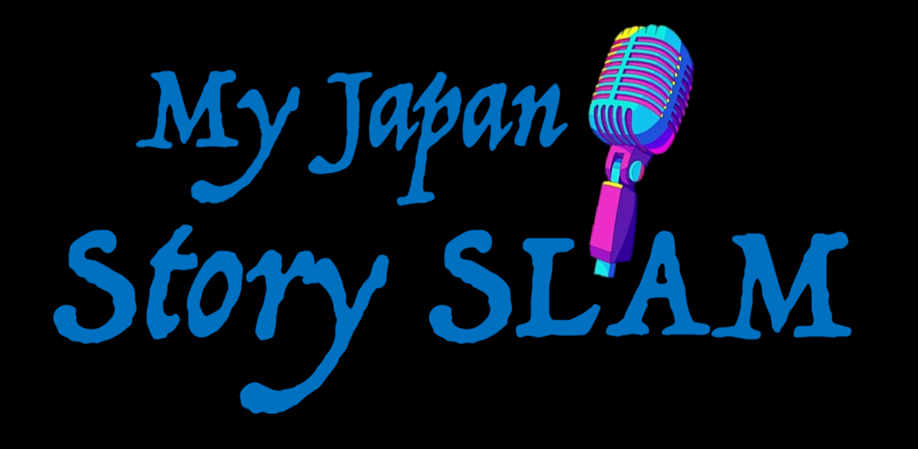 My Japan Story SLAM logo with a colorful microphone on a black background