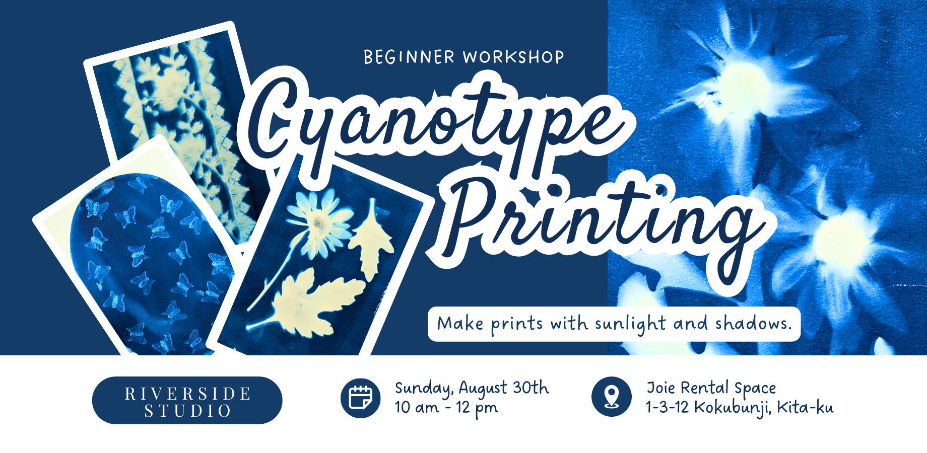 Cyanotype sun prints drying in blue and white after a workshop in Osaka