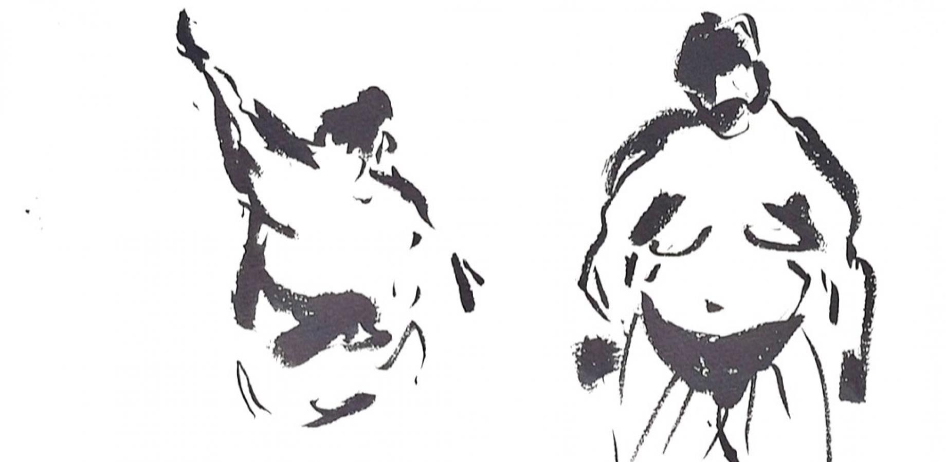 Black ink brush drawing of two sumo wrestlers on a white background