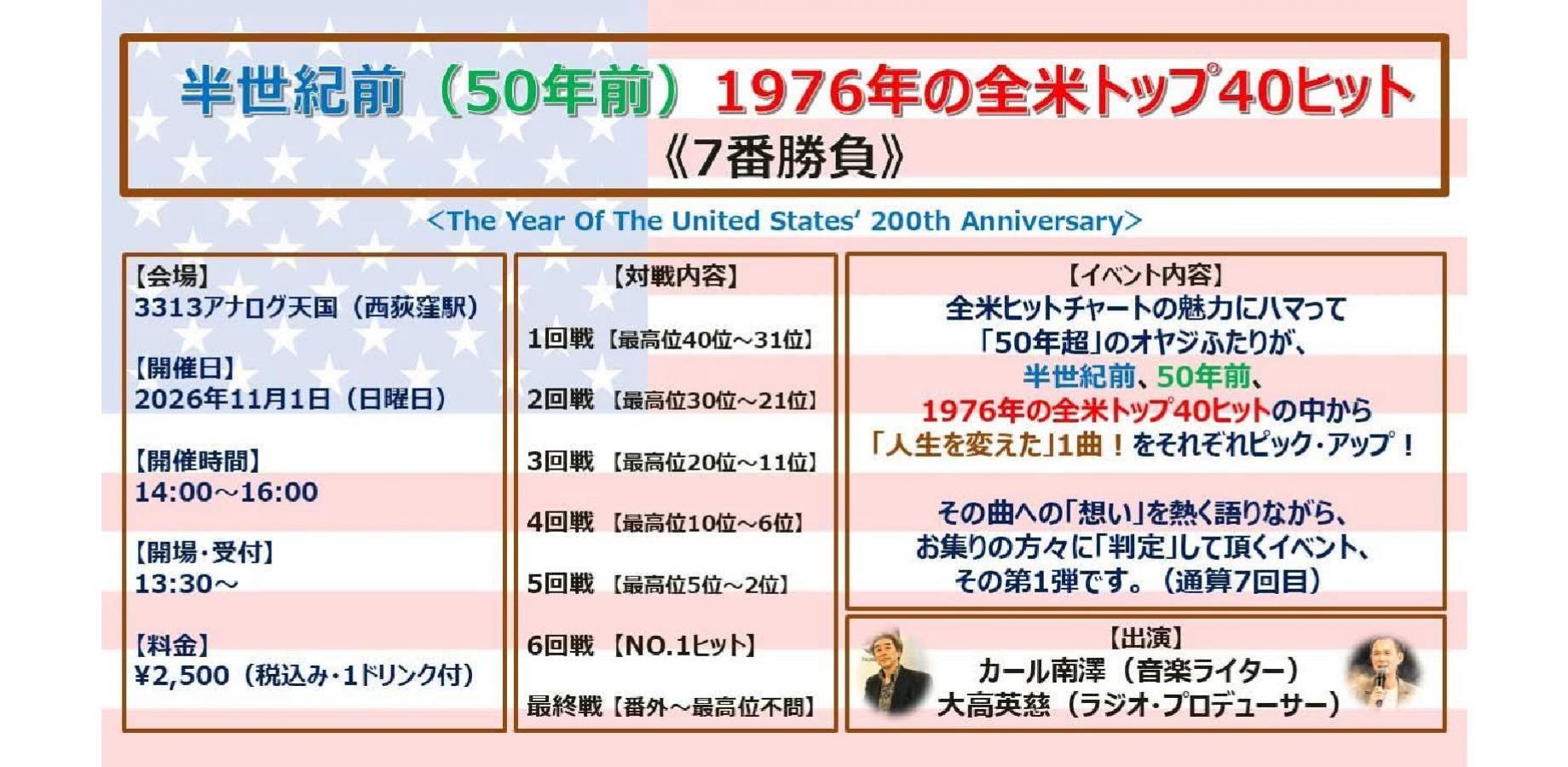 開店4周年スペシャル『半世紀前！1976年の全米トップ40ヒット 7番勝負』by 大高英慈 & KARL南澤