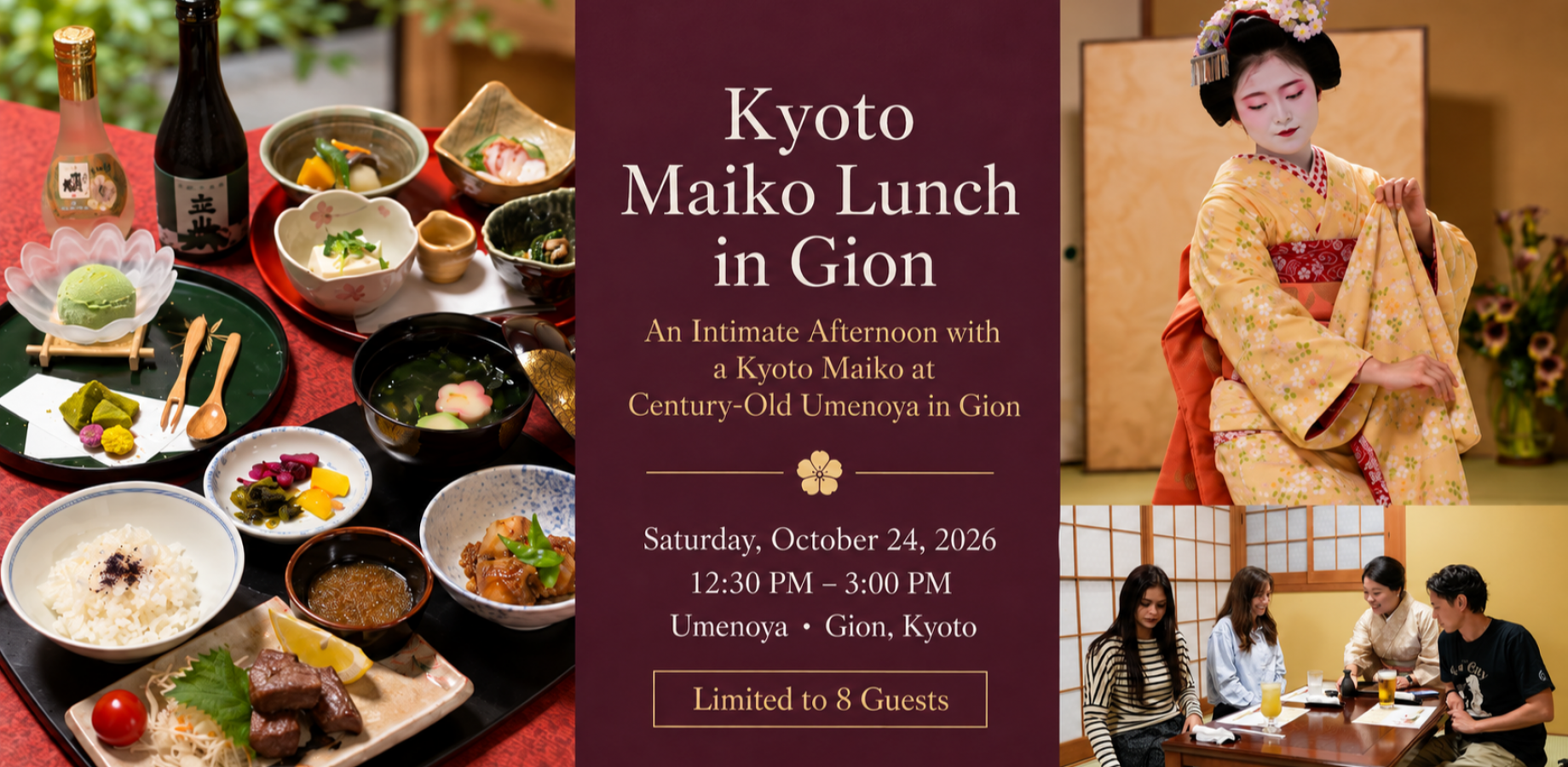 Kyoto Maiko Lunch in Gion poster showing seasonal lunch dishes, a maiko in a yellow kimono, and guests at a table