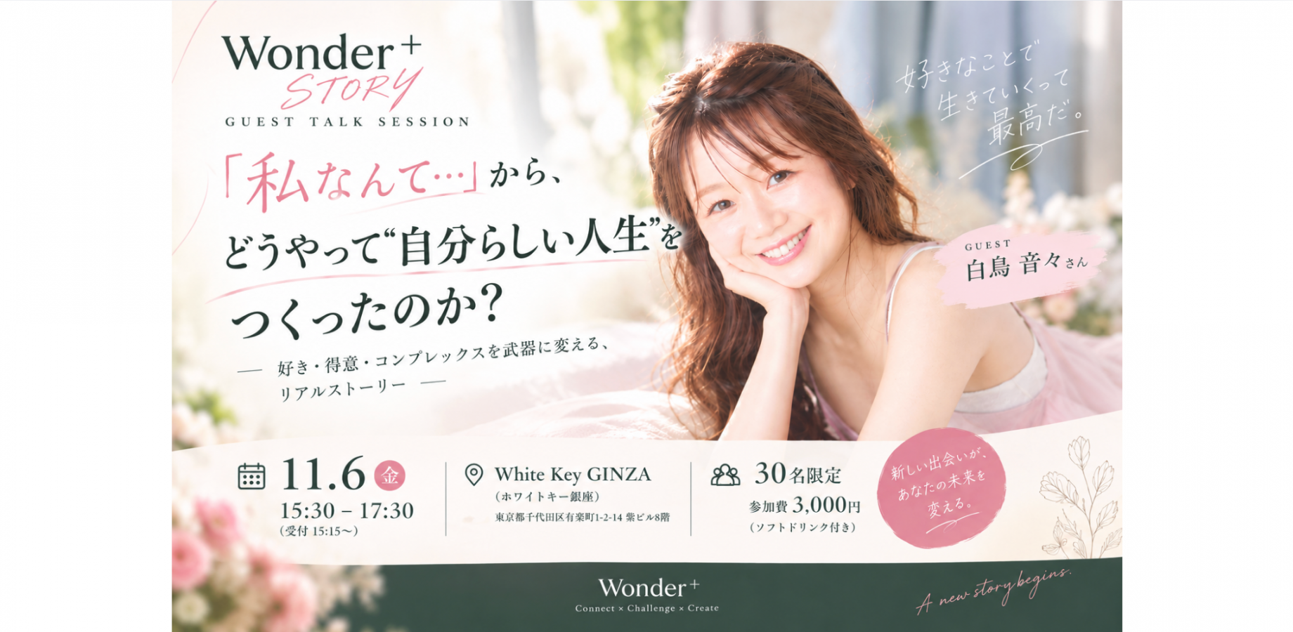 【银座·仅限30人】Wonder＋Story：如何从“我不行……”走向打造属于自己的人生？——“职业公主”白鸟音音将分享如何将兴趣、特长和自卑转化为武器的真实故事