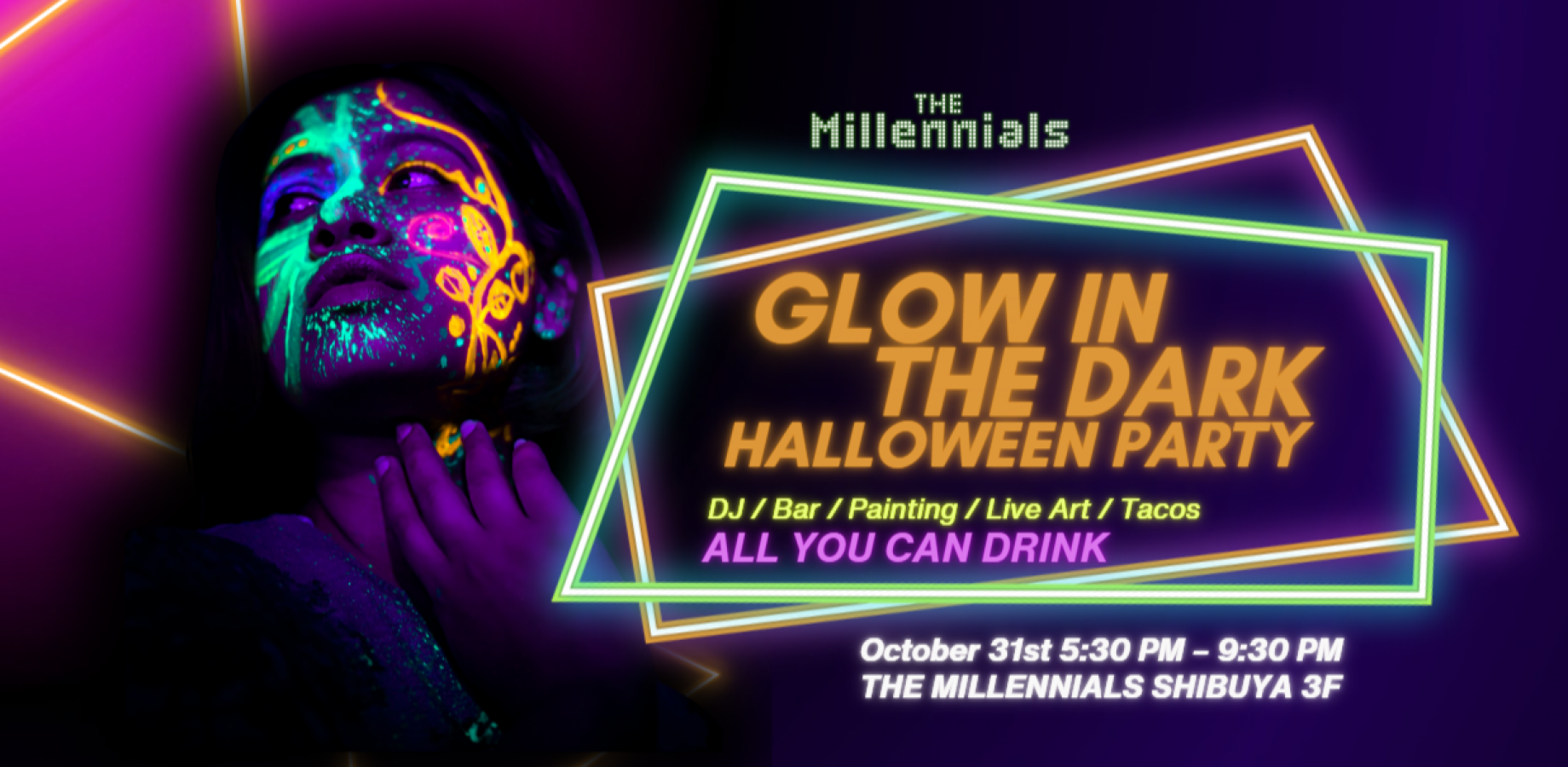 Glow In The Dark Halloween Party with neon paint at The Millennials Shibuya