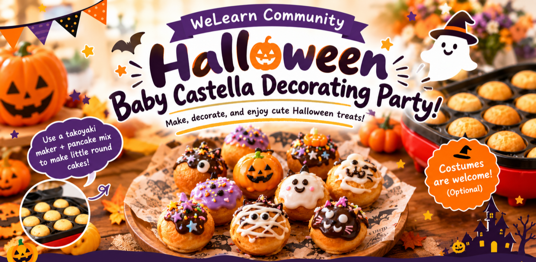 Halloween baby castella cakes decorated as ghosts and pumpkins at 80's cafe by WeLearn Community